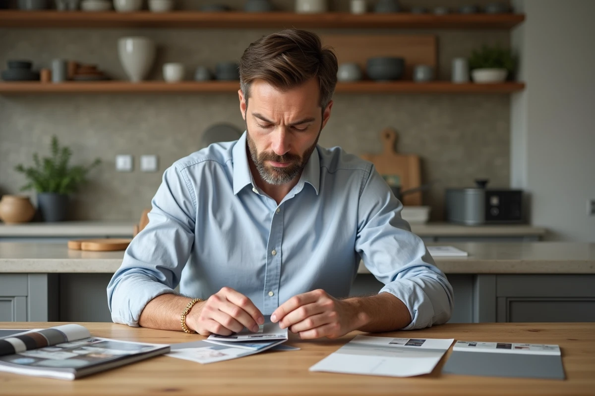 Homme choisissant des échantillons de couleurs à la table de cuisine