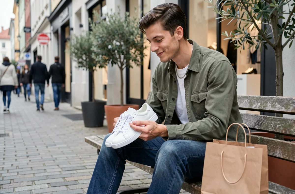 Jeune homme examinant ses nouvelles baskets en cuir blanc après un shopping dans une rue commerçante tendance