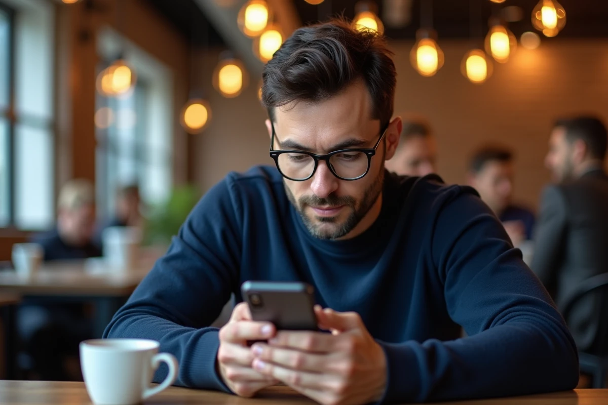 Homme consultant son smartphone dans un café pour trouver une alternative de messagerie sécurisée