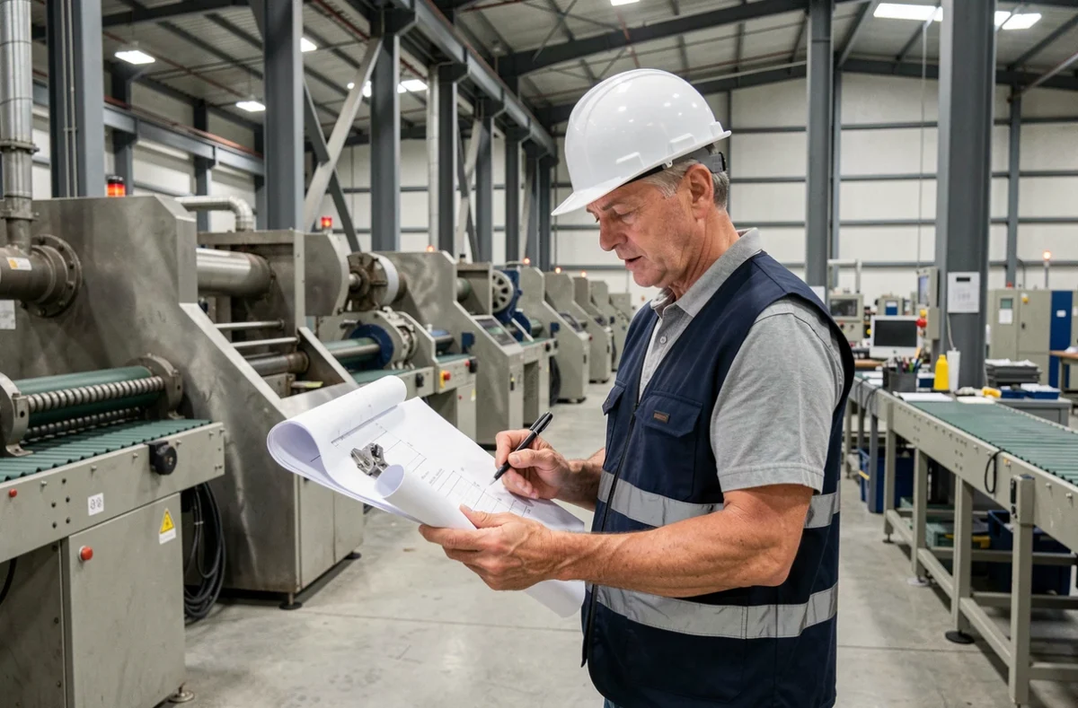 Ingénieur industriel en équipement de protection examinant des plans techniques dans une usine de production moderne