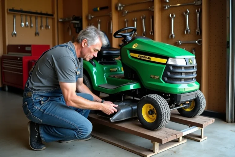 Homme inspectant le dessous d'un tracteur tondeuse soulevé par un lève tracteur fait maison en acier dans un garage d'atelier