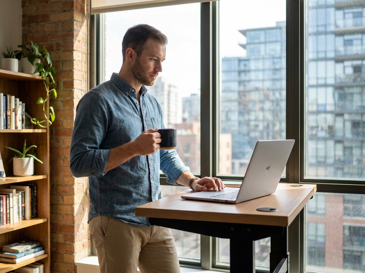 Jeune freelance réfléchissant à son statut professionnel et à sa sécurité financière depuis son appartement urbain