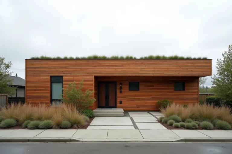 Maison en bois à toit plat avec bardage en cèdre horizontal et terrasse végétalisée, vue extérieure architecturale