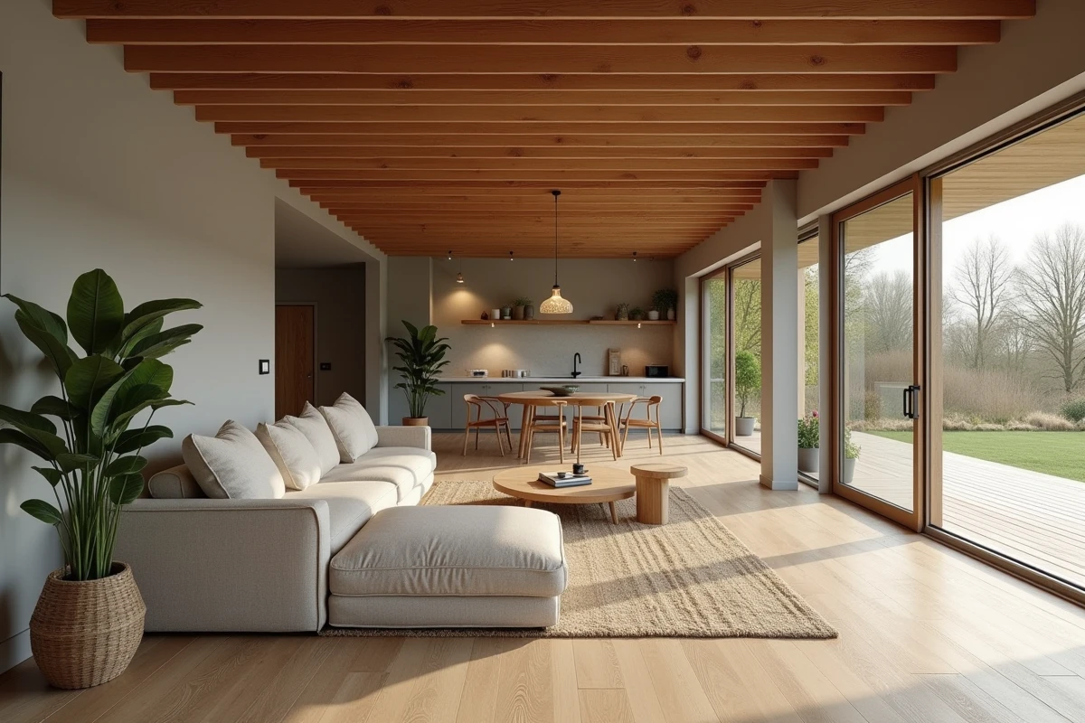 Intérieur d'une maison en bois à toit plat avec poutres apparentes, sol en chêne et baies vitrées donnant sur une terrasse