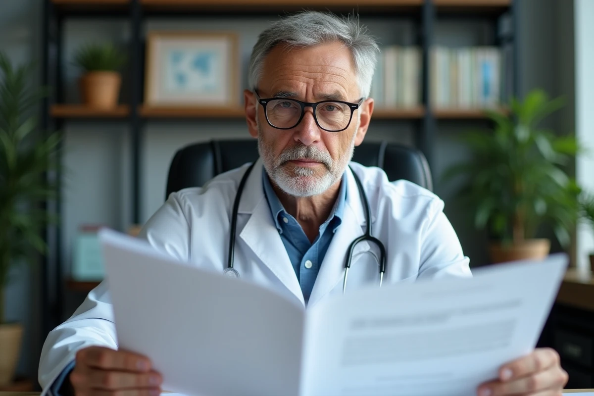 Medecin lisant un rapport sur les moka pots au bureau