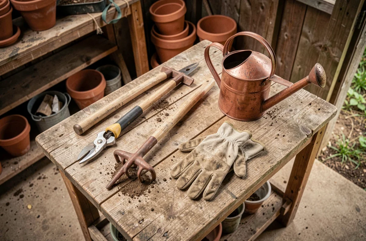 Vue de dessus des outils de jardinage essentiels posés sur un établi en bois dans un cabanon de jardin