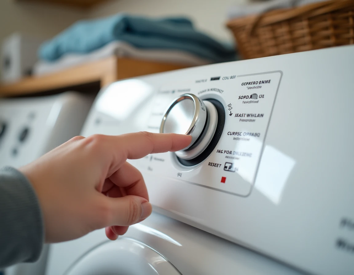 Gros plan sur le panneau de commande d'un sèche-linge Whirlpool avec un code d'erreur affiché et un doigt sur le bouton de réinitialisation