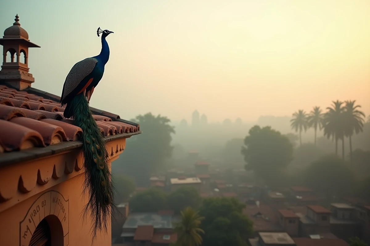 Paon perché sur le toit d'une haveli indienne traditionnelle au lever du jour, queue déployée sur les tuiles en terre cuite, bec ouvert en plein cri