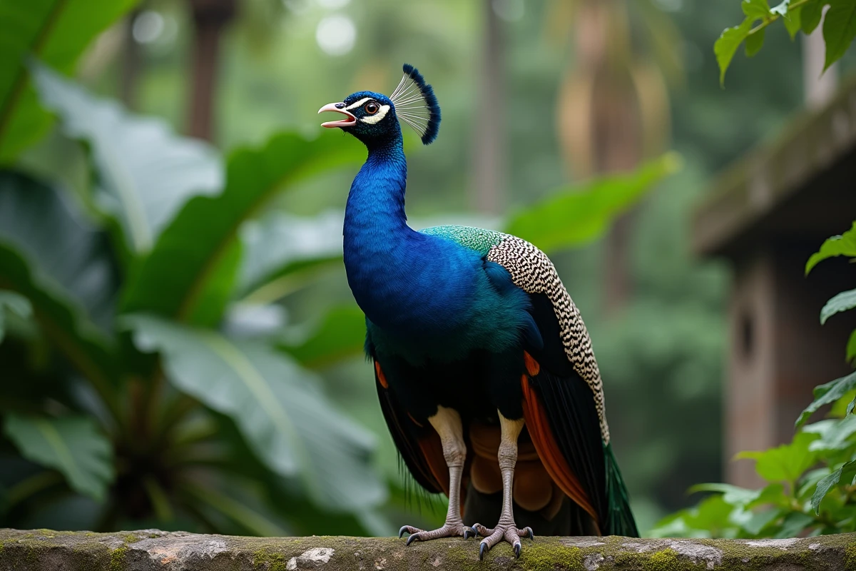 Paon mâle en train de crier sur un muret moussu dans un jardin botanique tropical, plumage bleu-vert iridescent et bec grand ouvert