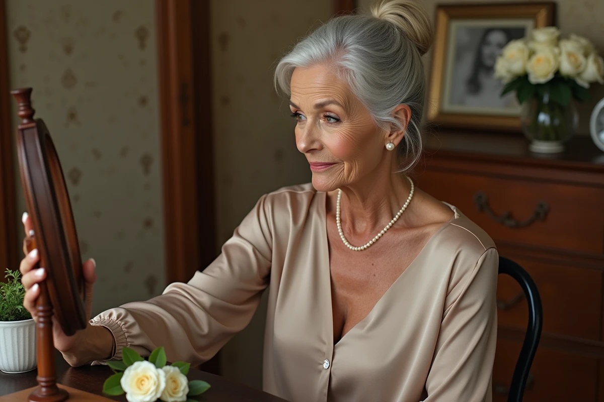 Femme élégante de 70 ans se préparant pour son mariage devant un miroir vintage, portrait intimiste
