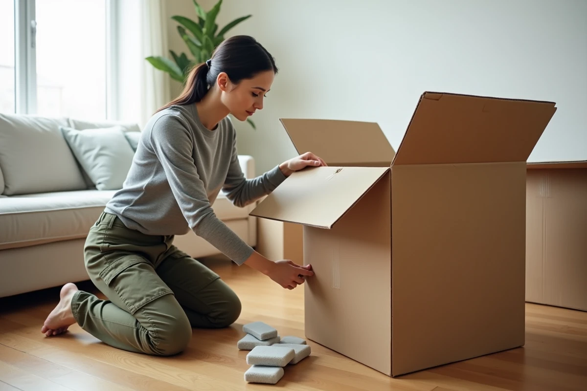 Femme plaçant des protections en mousse sur une chaise à bascule démontée avant emballage dans un carton d'expédition