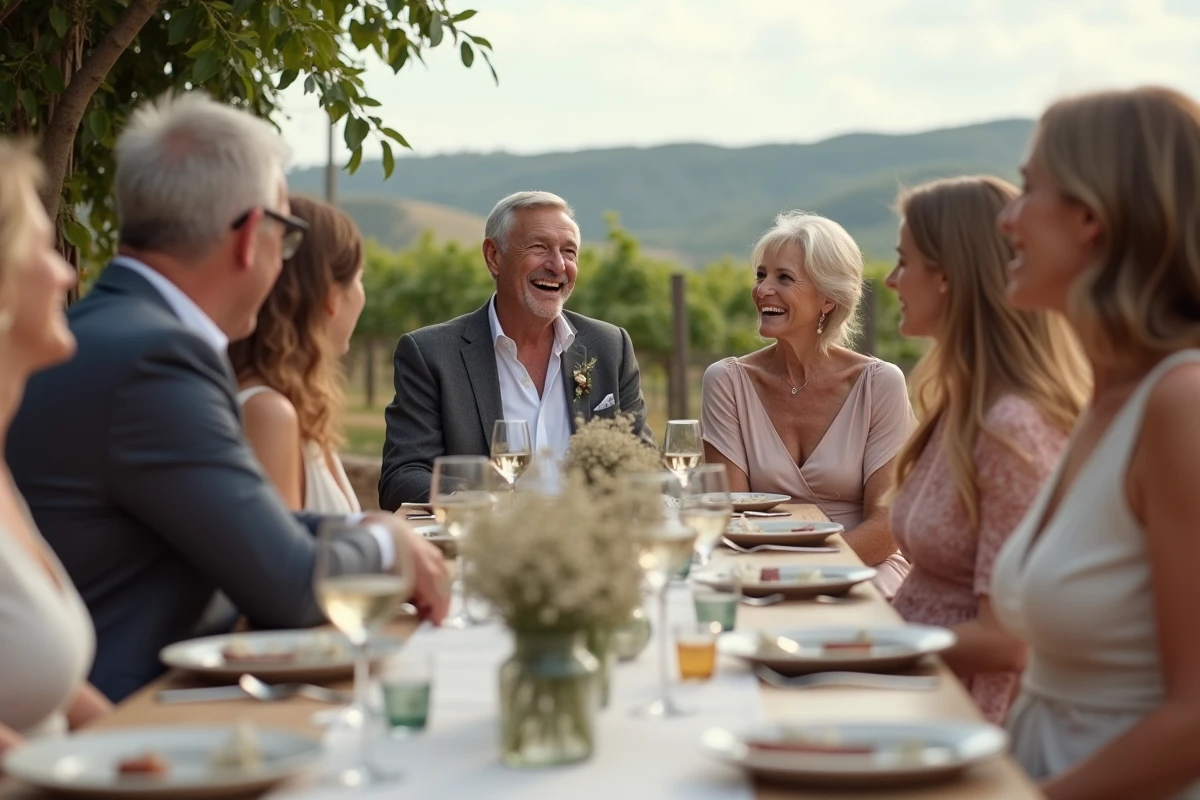 Réception de mariage en famille pour un couple de septuagénaires, célébration joyeuse sur une terrasse rustique