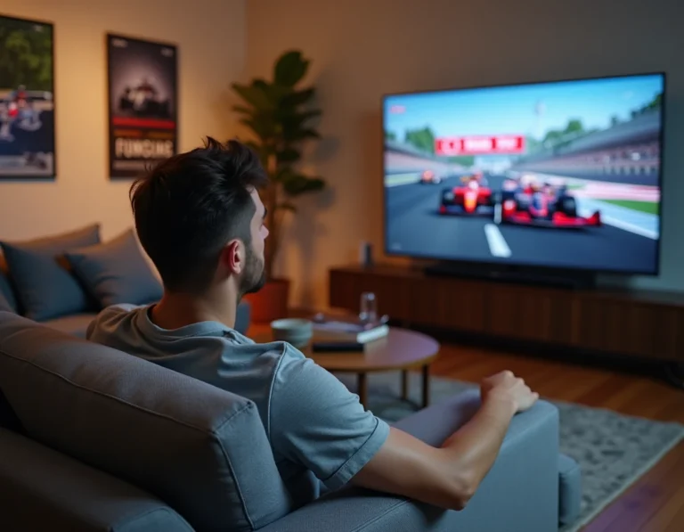 Homme regardant la Formule 1 en direct sur sa télévision dans un salon moderne