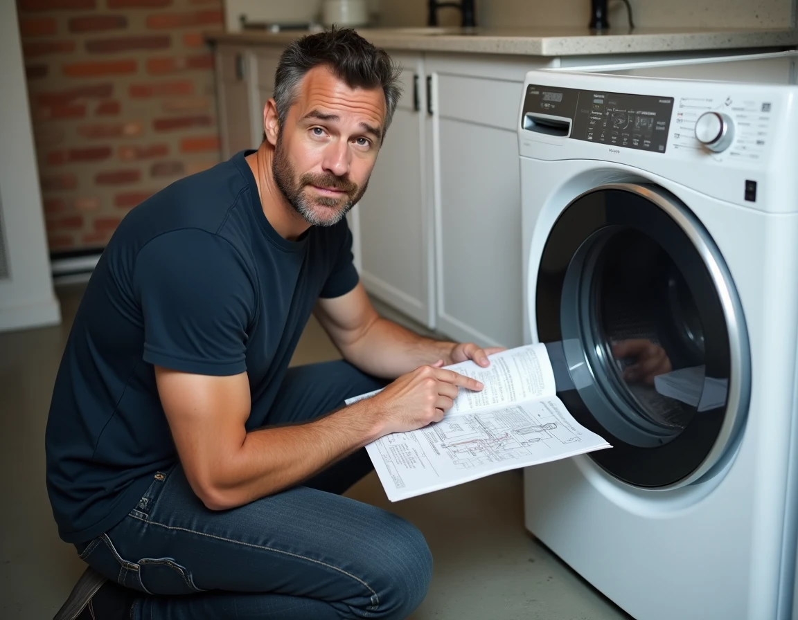 Homme consultant le manuel du sèche-linge Whirlpool pour effectuer une réinitialisation en cas de panne