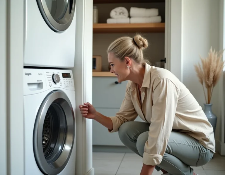 Femme appuyant sur le bouton de réinitialisation d'un sèche-linge Whirlpool dans une buanderie moderne
