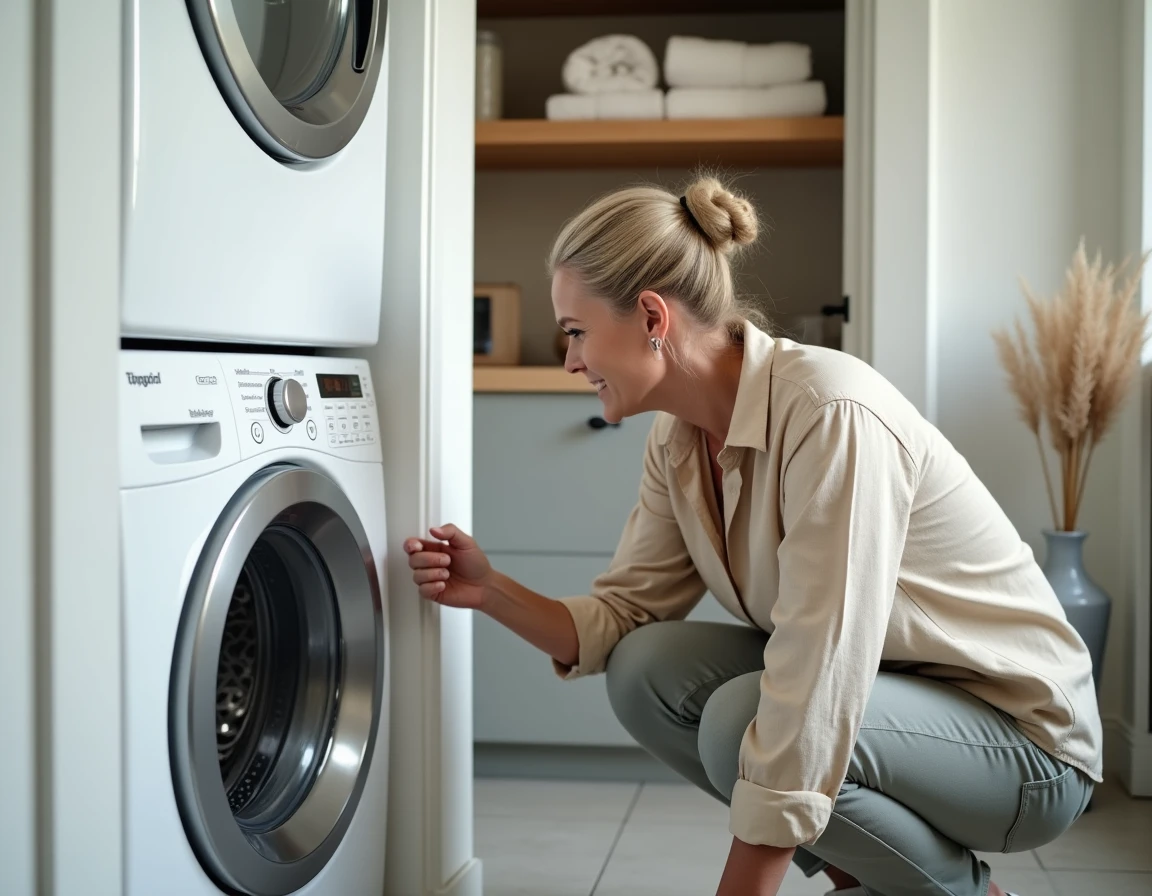 Femme appuyant sur le bouton de réinitialisation d'un sèche-linge Whirlpool dans une buanderie moderne