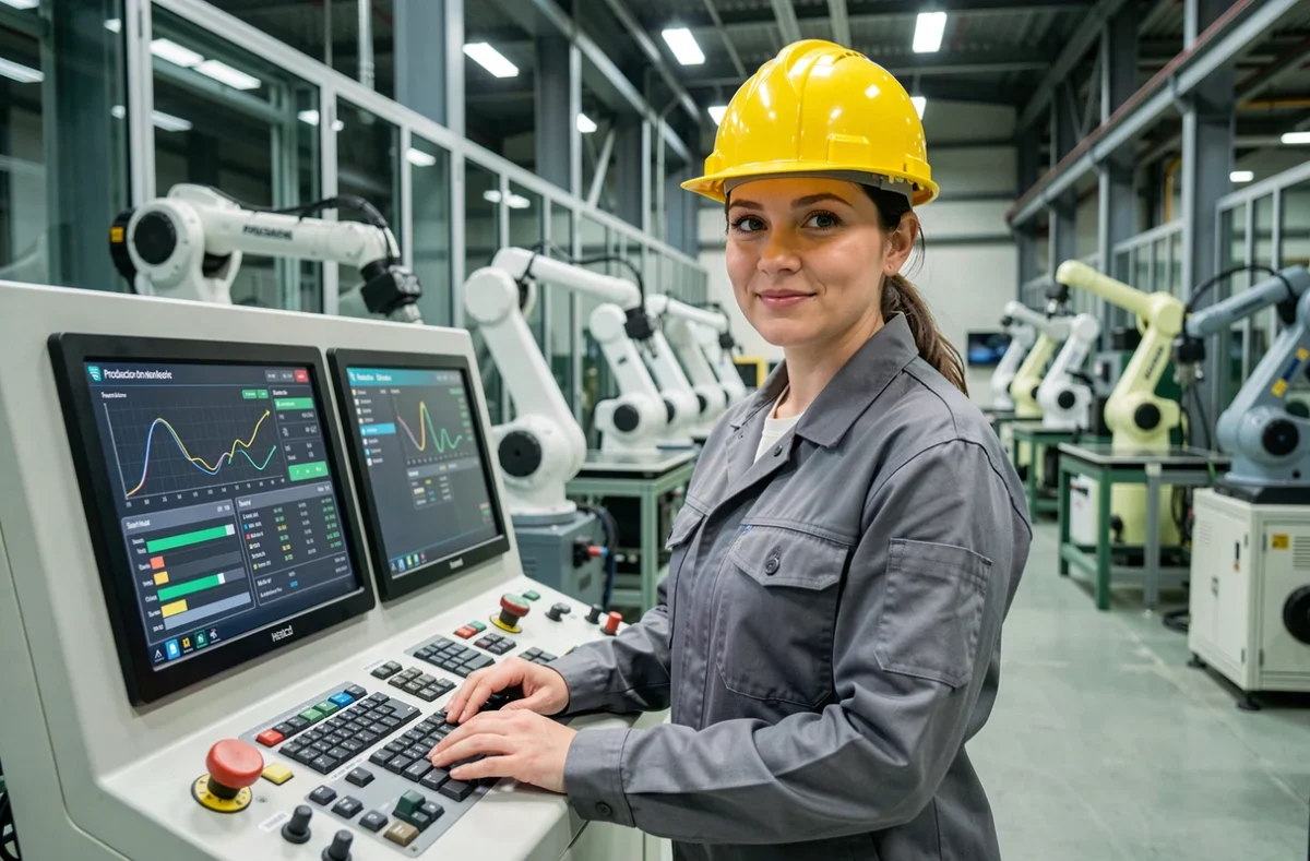 Responsable de production féminine supervisant des écrans de contrôle dans une installation industrielle automatisée