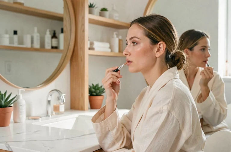 Femme appliquant un gloss nude devant un miroir dans une salle de bain minimaliste au style scandinave