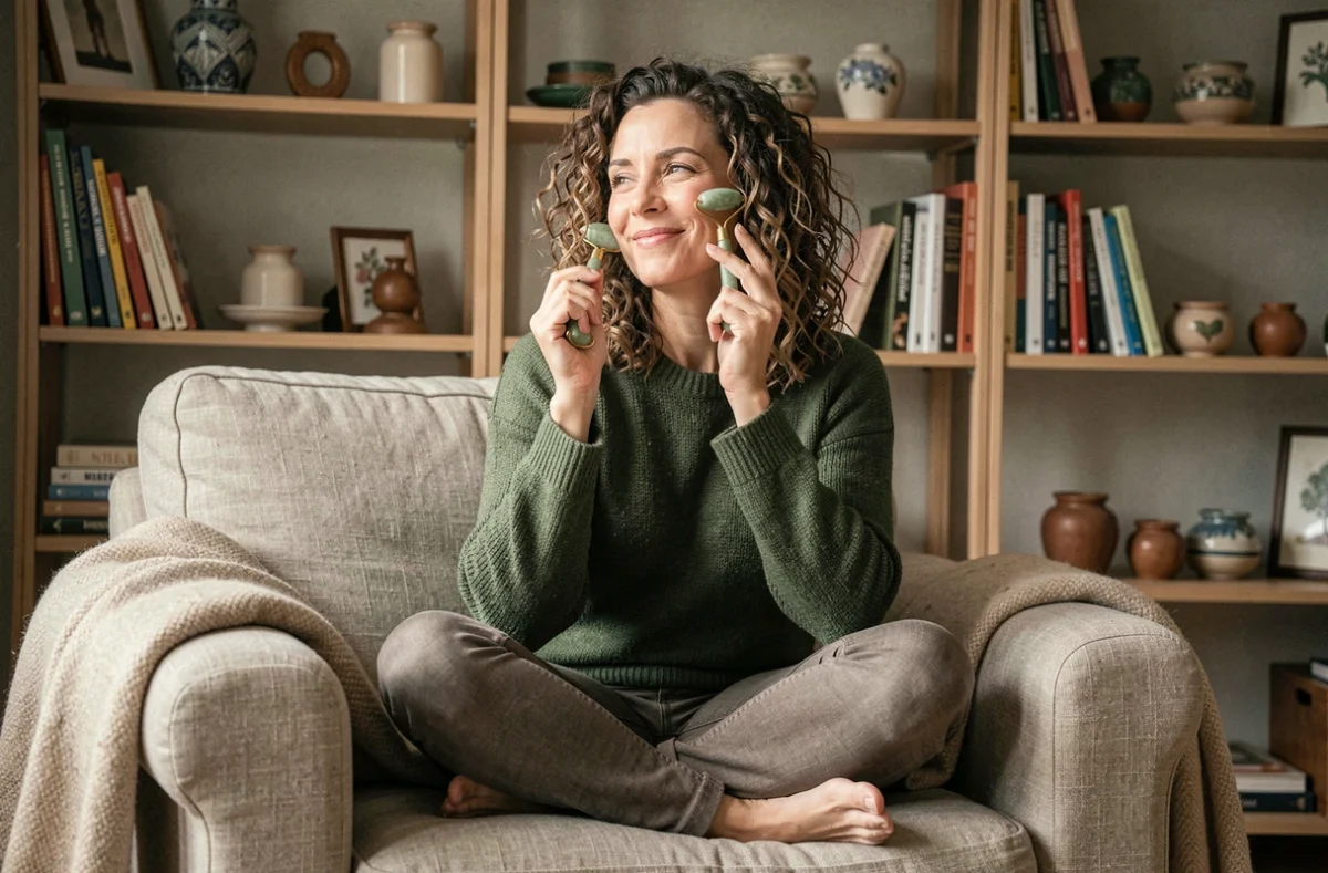 Femme aux cheveux bouclés utilisant un rouleau de jade dans un salon cosy et chaleureux