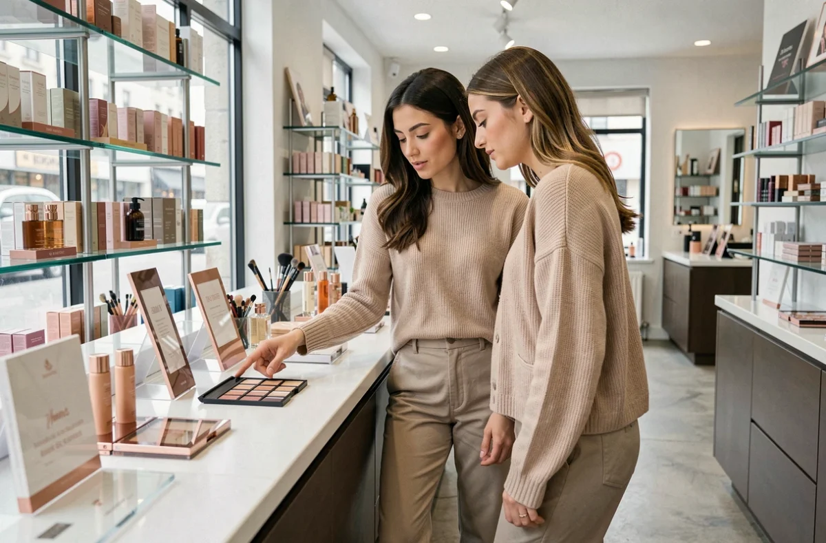 Deux femmes découvrant ensemble une palette de maquillage dans une boutique beauté contemporaine