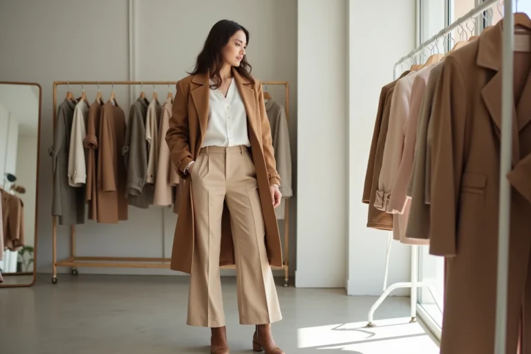 Femme élégante en trench coat camel explorant les dernières tendances mode dans une boutique minimaliste
