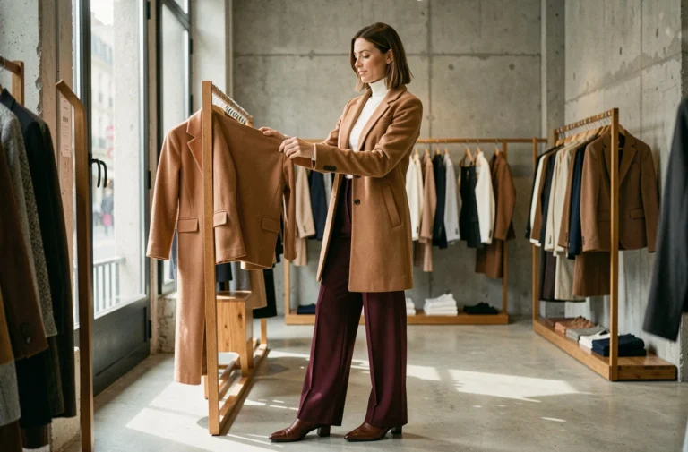 Femme élégante en manteau camel et pantalon large bordeaux dans une boutique de mode parisienne minimaliste