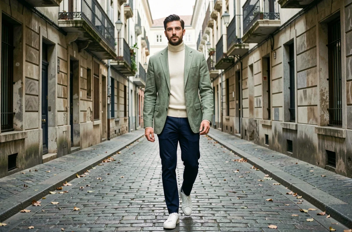 Homme en blazer lin vert sauge et chino marine marchant dans une rue pavée européenne tendance mode automne