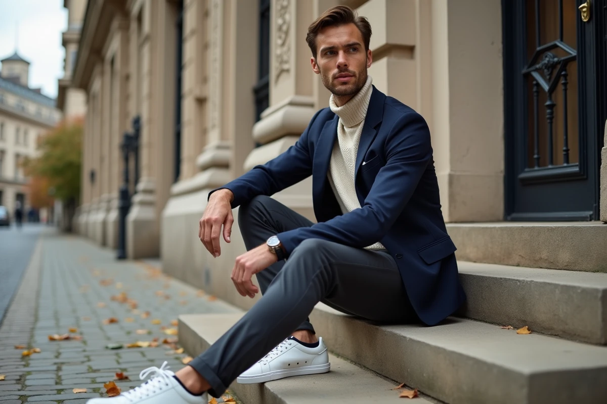 Homme stylé en blazer navy et col roulé crème assis sur des marches urbaines illustrant les tendances mode masculine