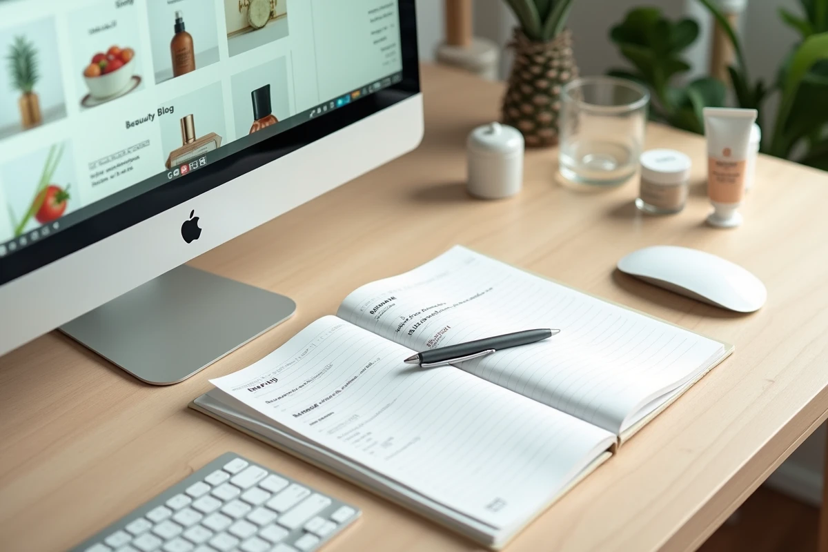 Vue aérienne d'un bureau avec un écran affichant le plan du site d'un blog beauté et un carnet de notes